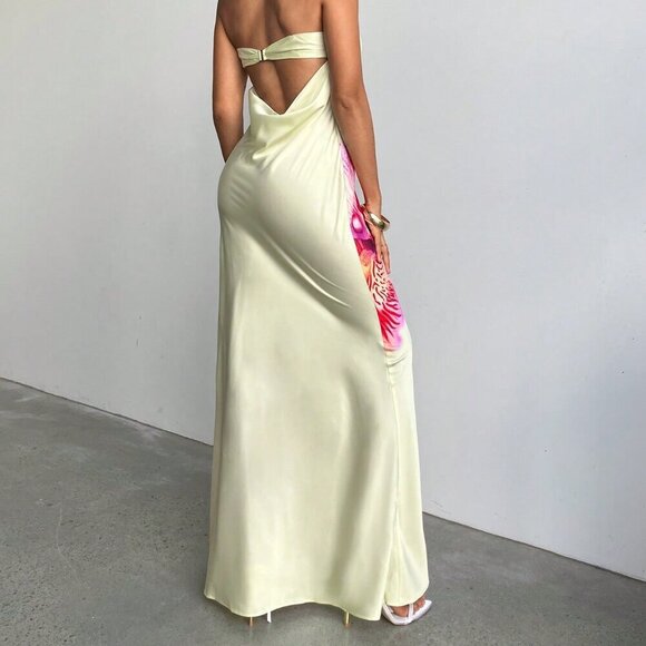 Yellow Elegant Women's Off-Shoulder Satin Maxi Dress with Flower Print - Picture 2 of 5